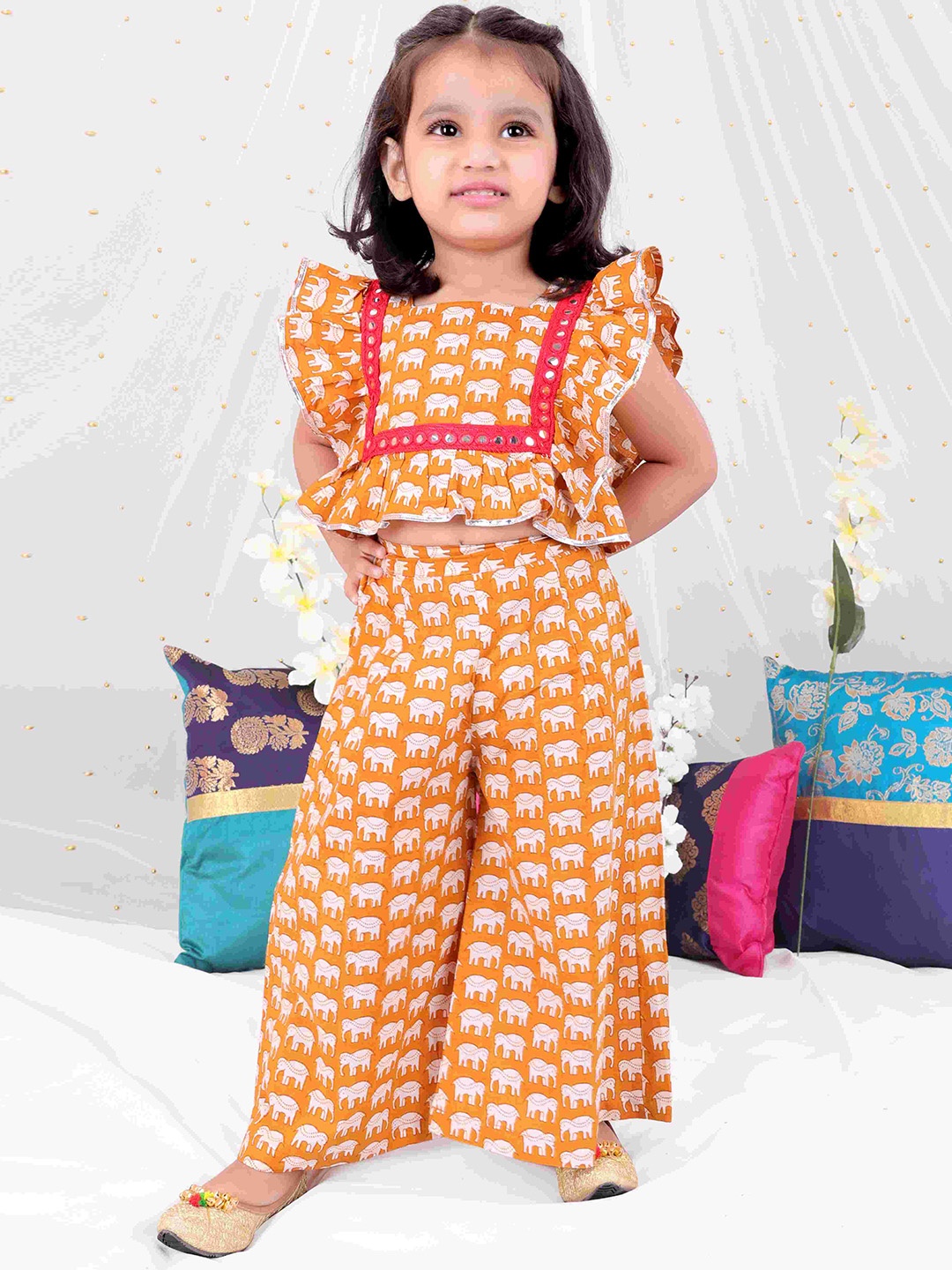 

KID1 Girls Elephant Printed Pure Cotton Top With Palazzos, Mustard