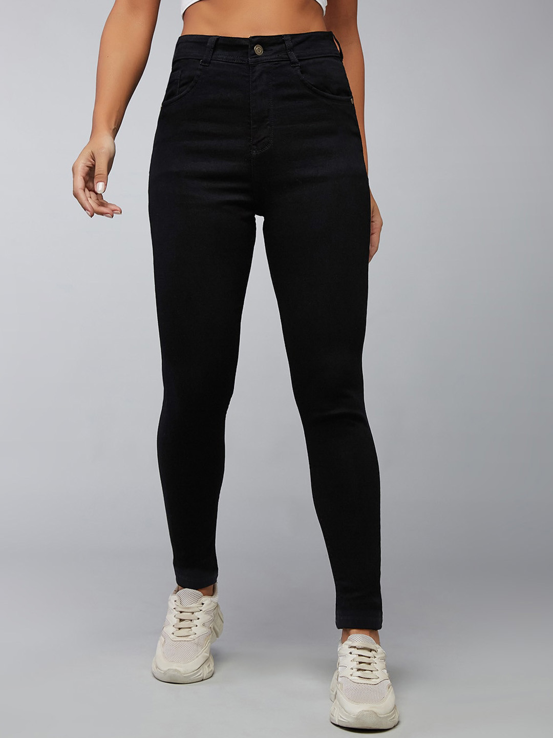 

DOLCE CRUDO Women Slim Fit High-Rise Clean Look Stretchable Jeans, Black