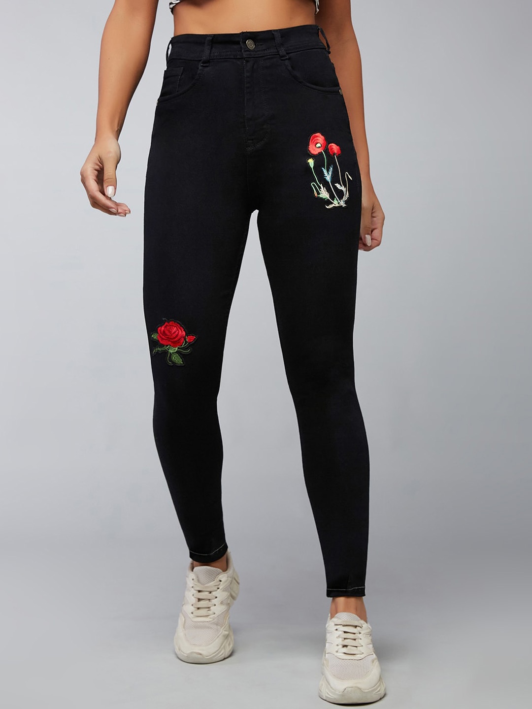 

DOLCE CRUDO Women Black Slim Fit High Rise Printed Clean Look Stretchable Jeans