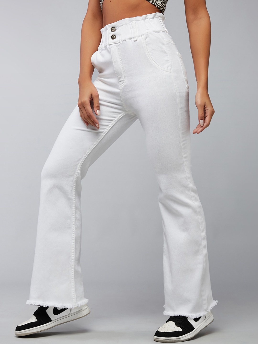 

DOLCE CRUDO Women White Wide Leg High-Rise Clean Look Stretchable Jeans