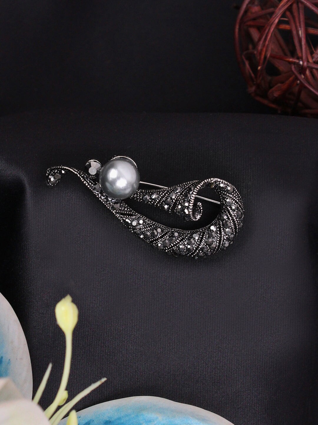 

Kavove Men Stone Studded Serenade Harp Statement Brooch, Black
