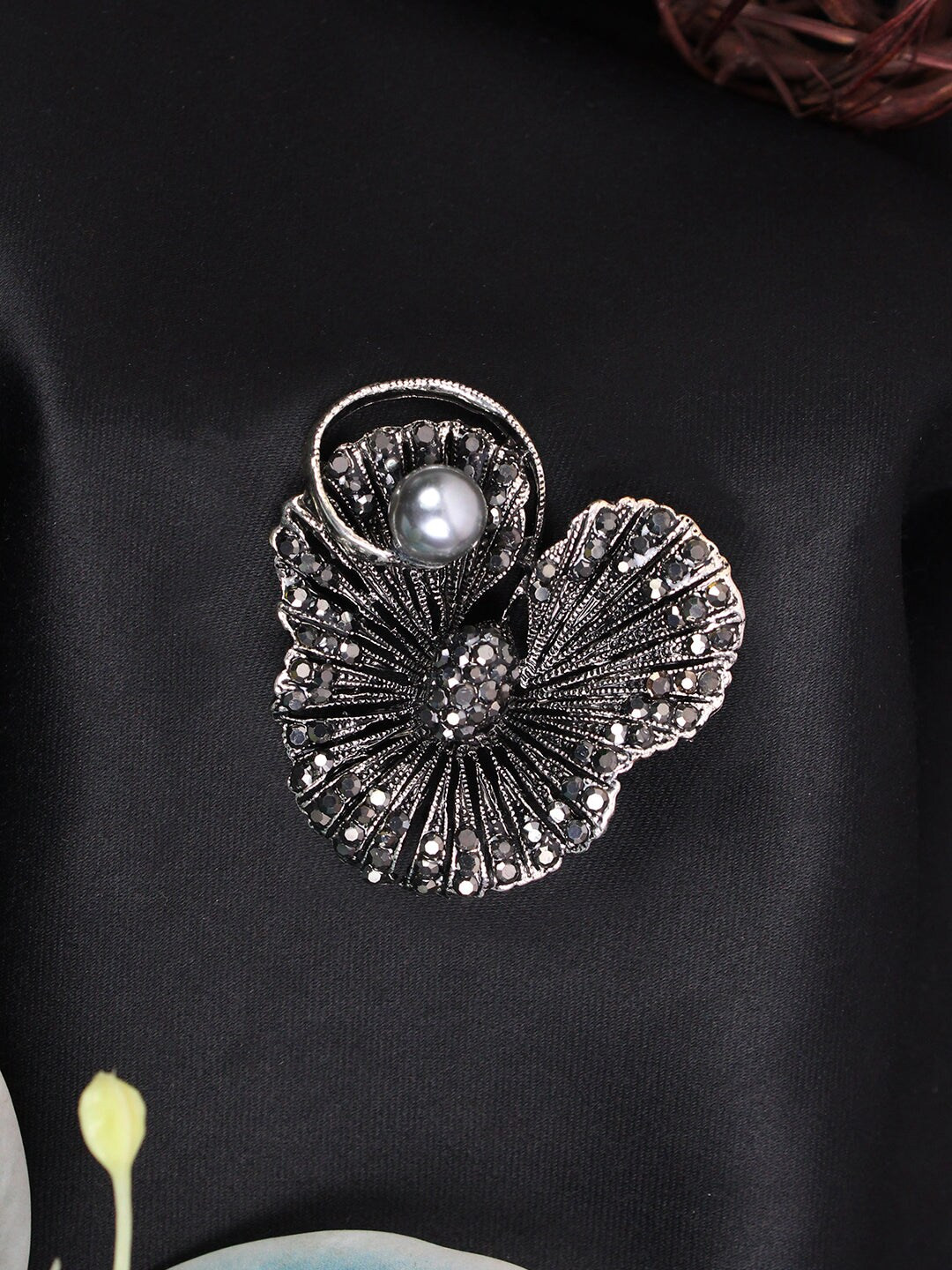 

Kavove Men Stone-Studded & Pearl Beaded Statement Brooch, Black