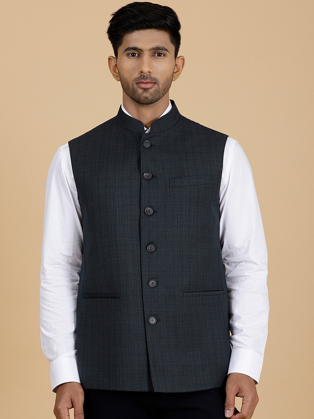 

MODI JACKET Checked Mandarin Collar Wool Nehru Jacket, Green
