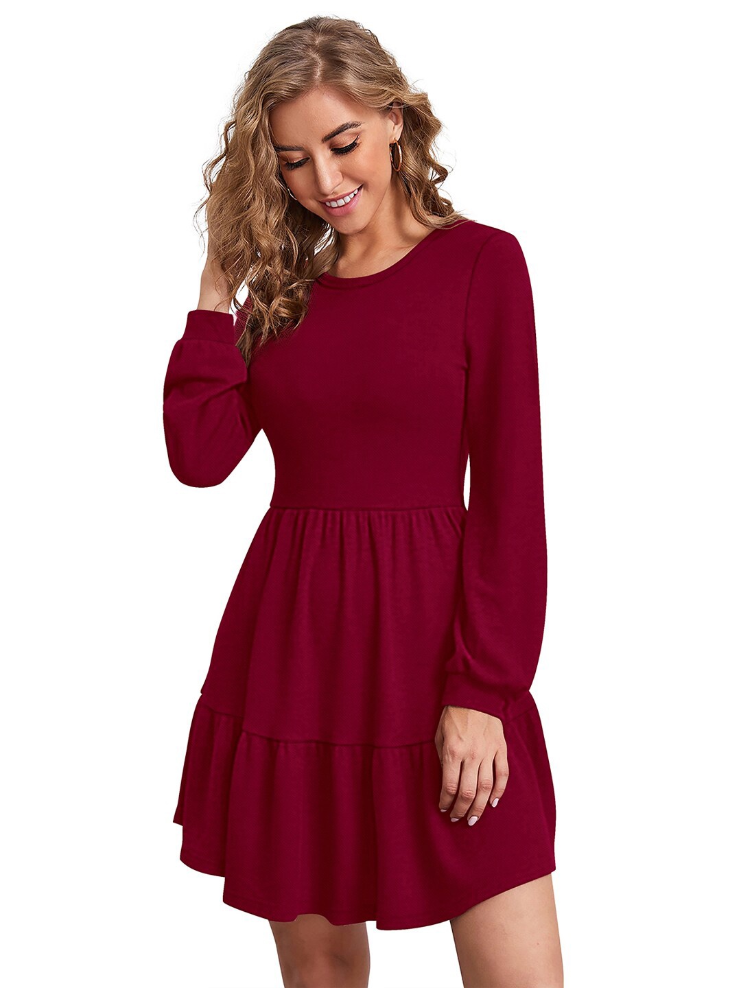 

BAESD Round Neck Puff Sleeve Above Knee Fit & Flare Dress, Maroon