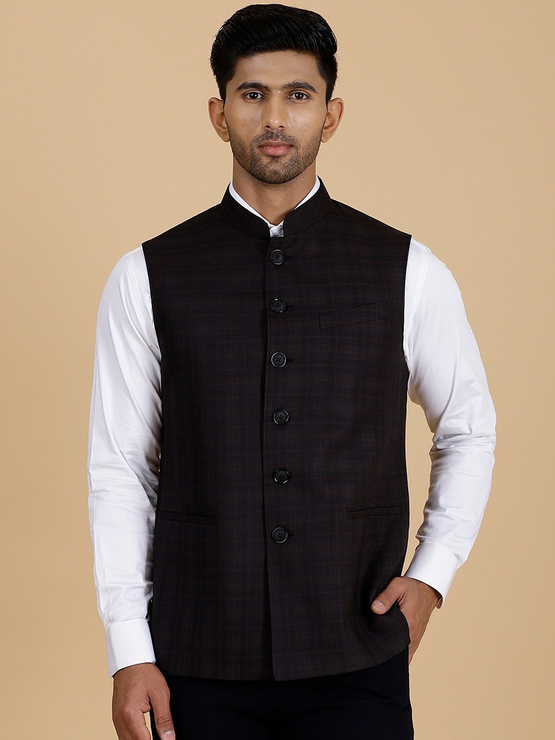 

MODI JACKET Checked Woollen Nehru Jacket, Black