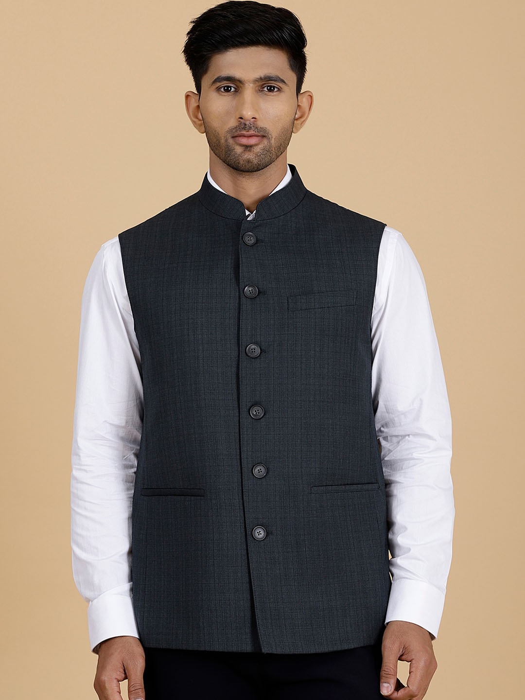 

MODI JACKET Checked Woollen Nehru Jacket, Grey