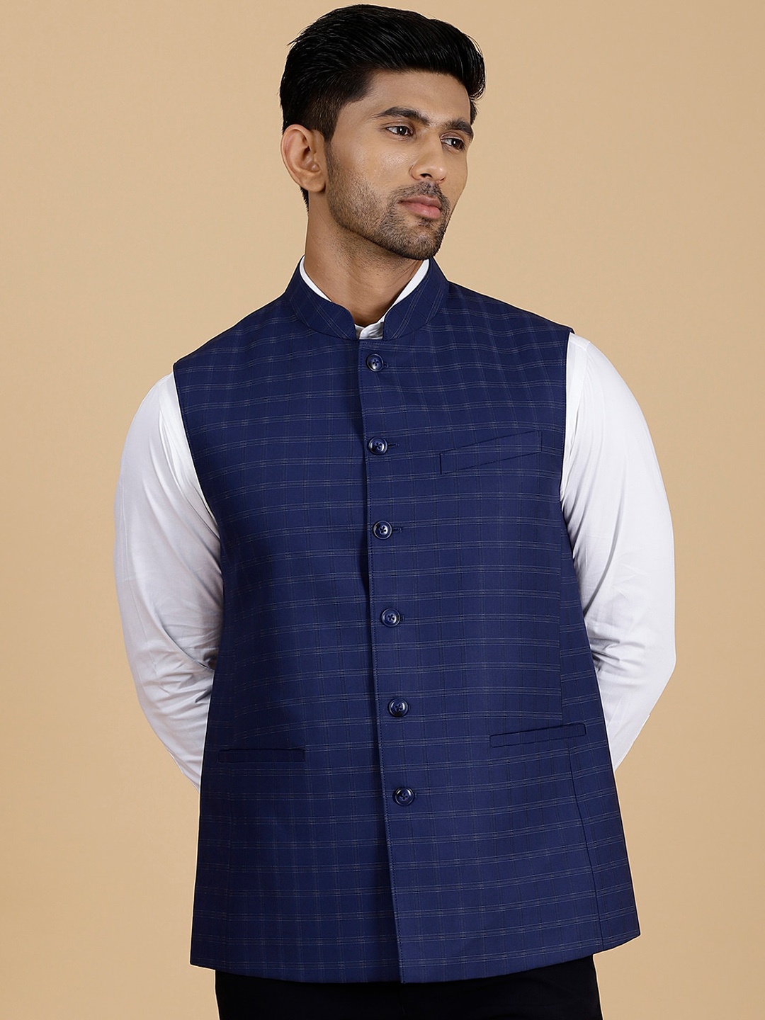 

MODI JACKET Checked Mandarin Collar Pure Wool Nehru Jacket, Blue