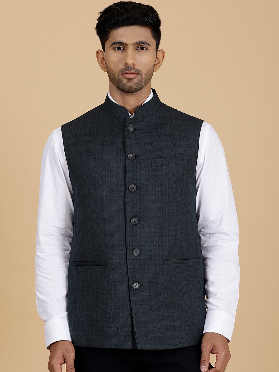 

MODI JACKET Checked Woollen Nehru Jacket, Grey