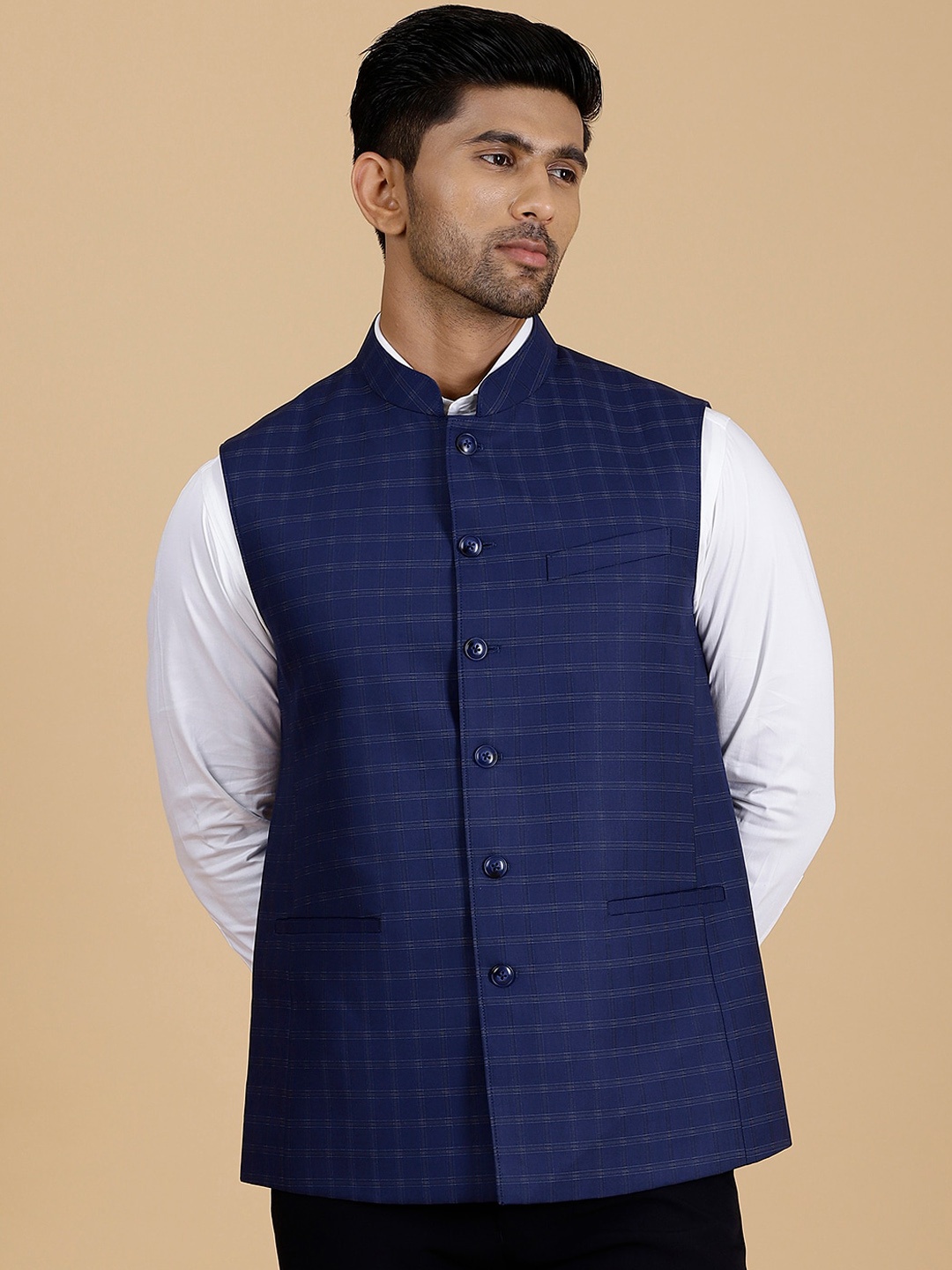 

MODI JACKET Checked Woollen Nehru Jacket, Blue