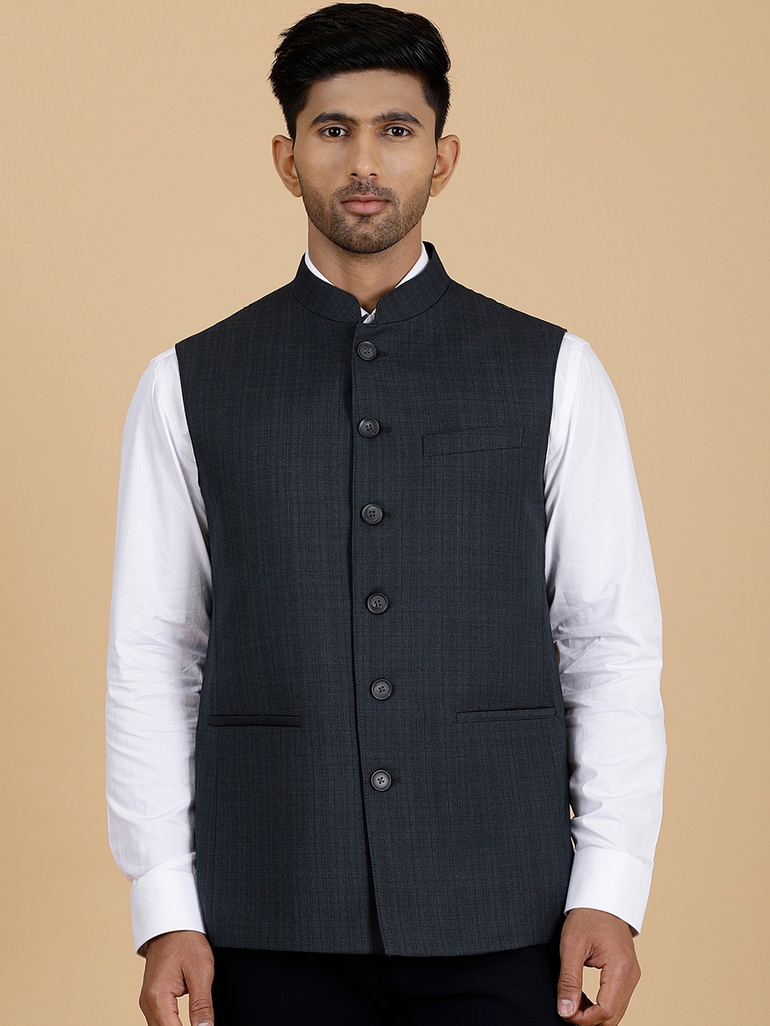 

MODI JACKET Checked Mandarin Collar Pure Wool Nehru Jacket, Green