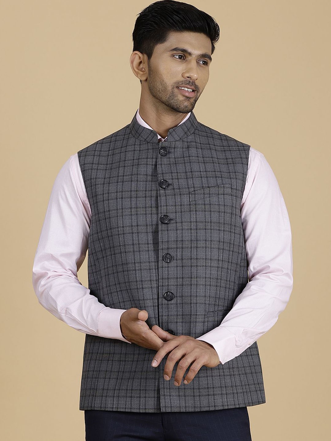 

MODI JACKET Checked Mandarin Collar Pure Wool Nehru Jacket, Grey