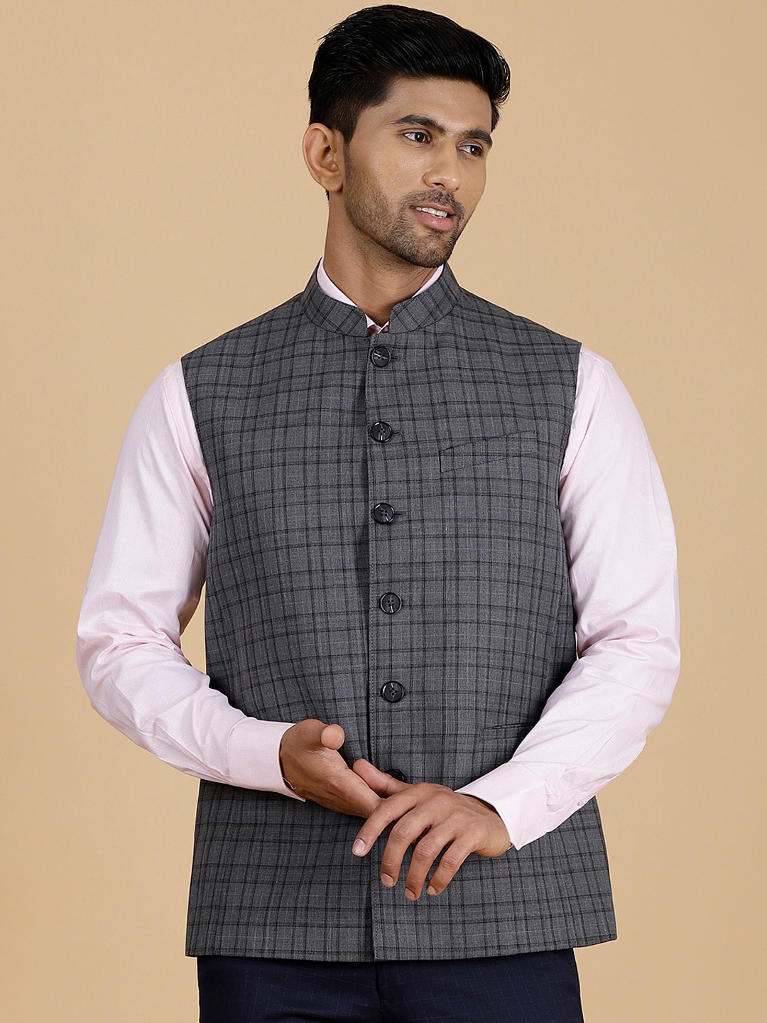 

MODI JACKET Checked Mandarin Collar Sleeveless Woolen Nehru Jacket, Grey