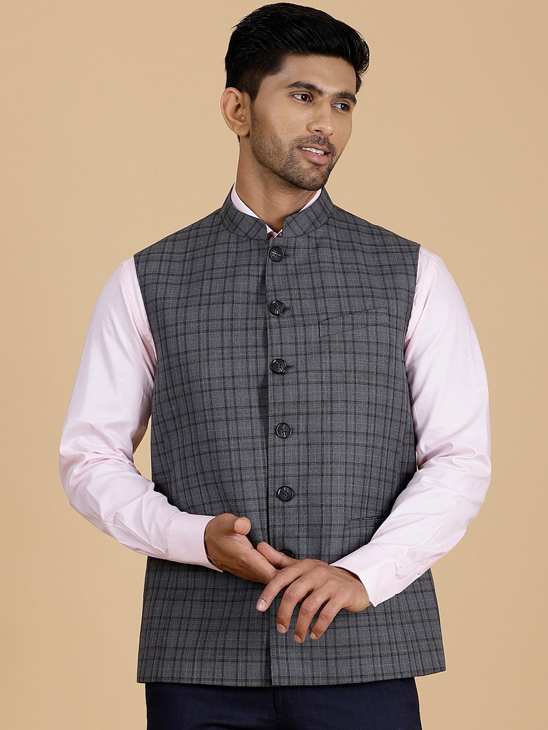 

MODI JACKET Checked Mandarin Collar Sleeveless Woolen Nehru Jacket, Grey