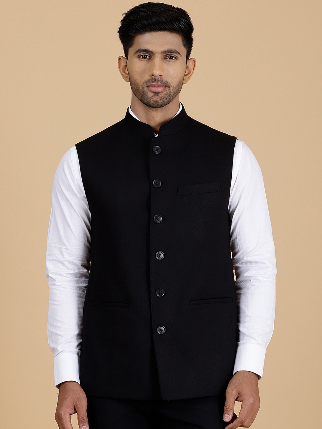 

MODI JACKET Mandarin Collar Wool Nehru Jacket, Black
