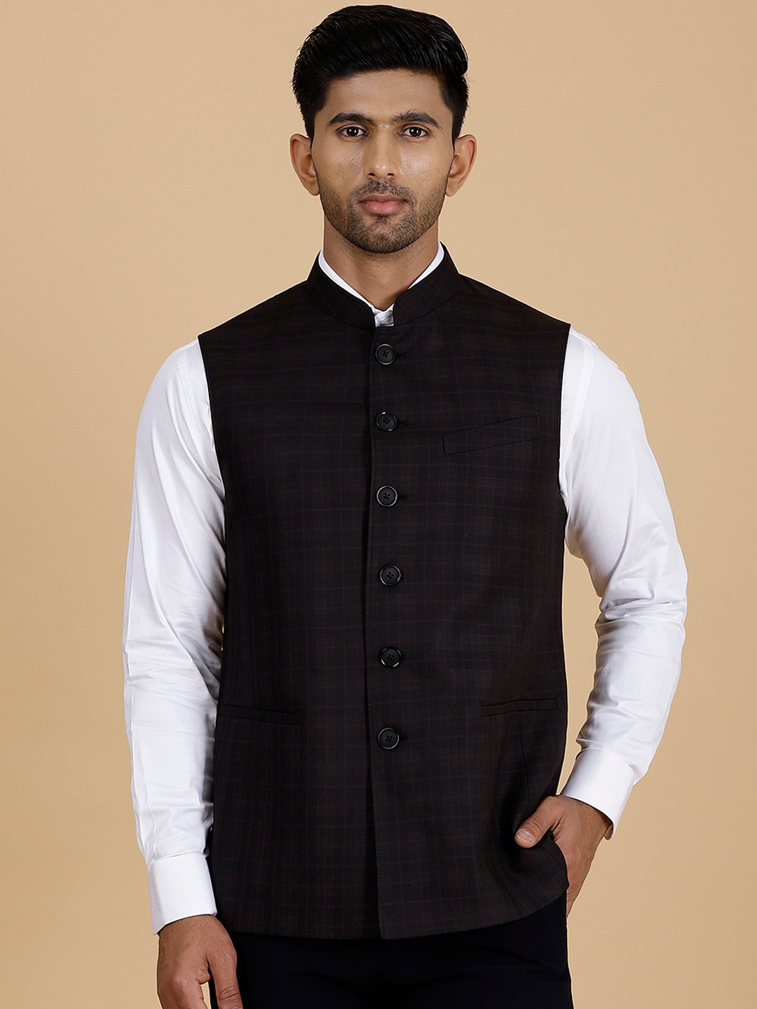 

MODI JACKET Checked Mandarin Collar Sleeveless Woolen Nehru Jacket, Maroon