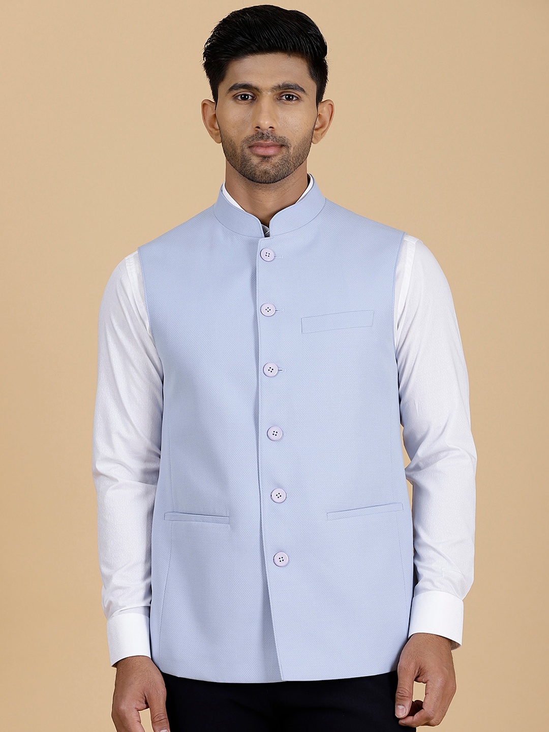 

MODI JACKET Mandarin Collar Pure Wool Nehru Jacket, Blue