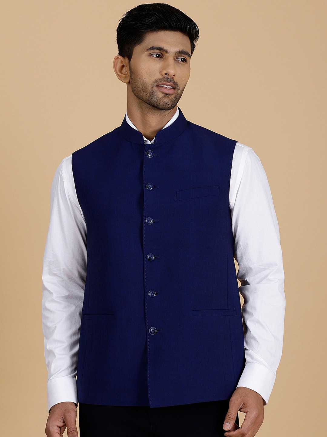 

MODI JACKET Mandarin Collar Sleeveless Woolen Nehru Jacket, Navy blue