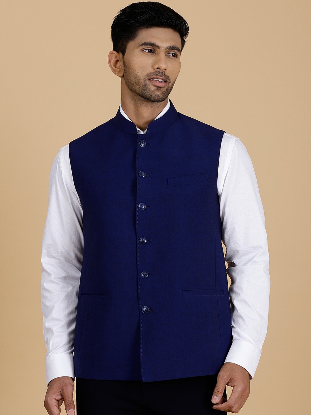 

MODI JACKET Mandarin Collar Pure Wool Nehru Jacket, Navy blue