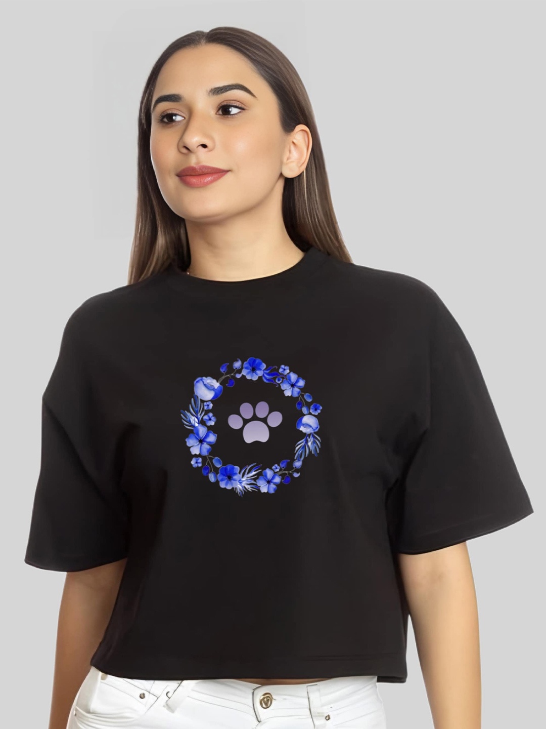 

Elibolz Graphic Printed Cotton Crop Oversized T shirt, Black