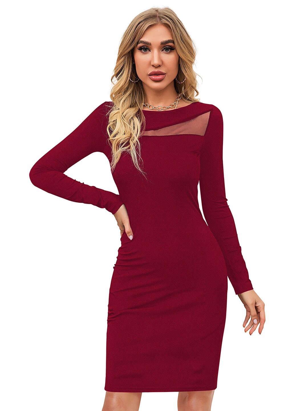 

BAESD Boat Neck Long Sleeves Above Knee Bodycon Dress, Maroon