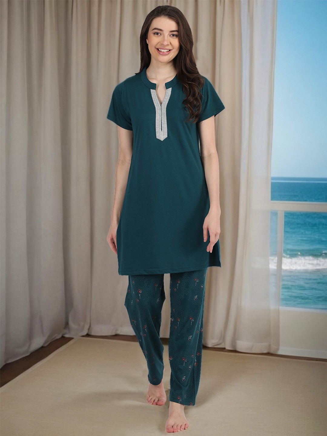 

Duchess Mandarin Collar Night suit, Green
