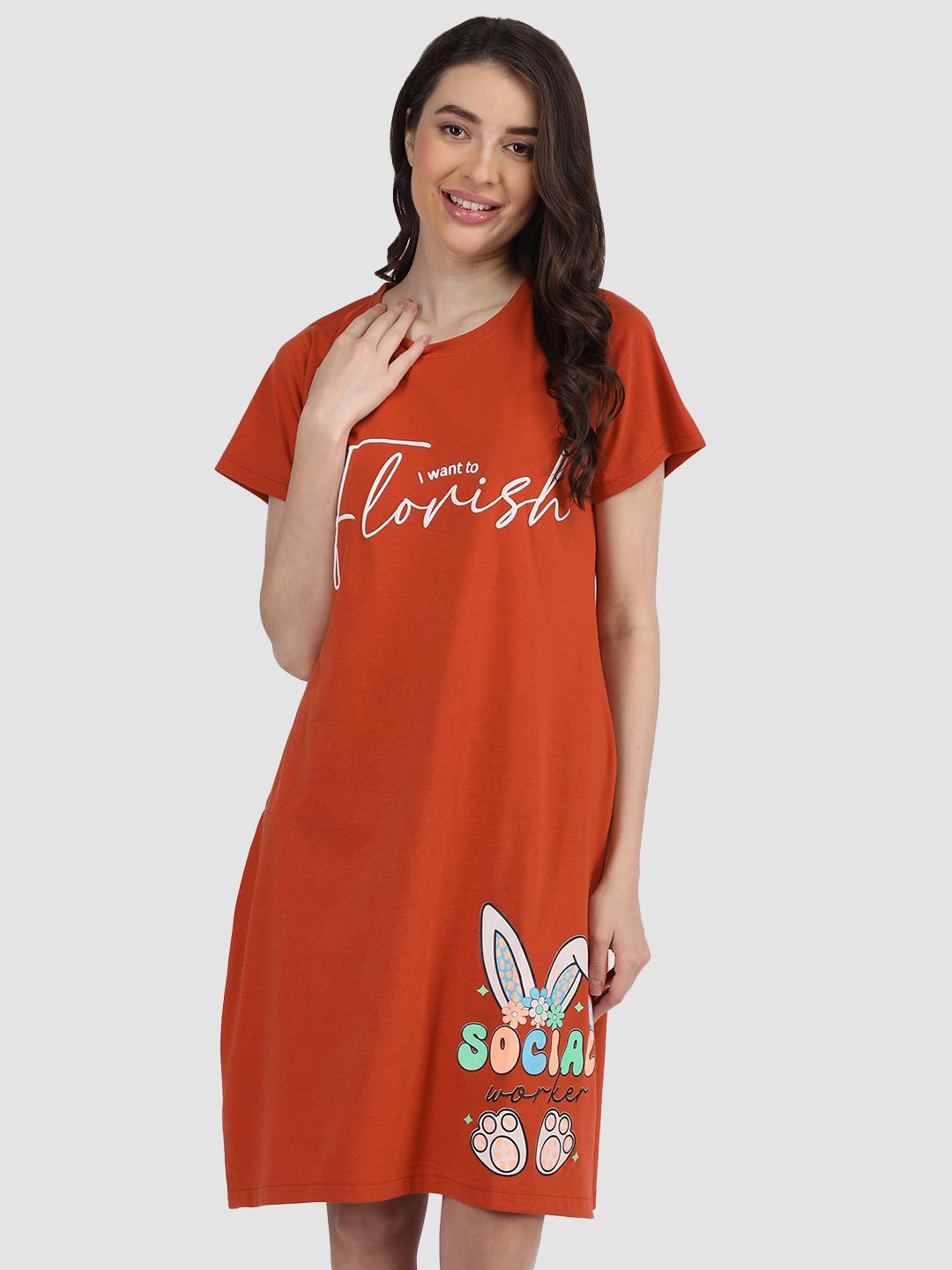 

Duchess Typography Printed T-shirt Nightdress, Rust