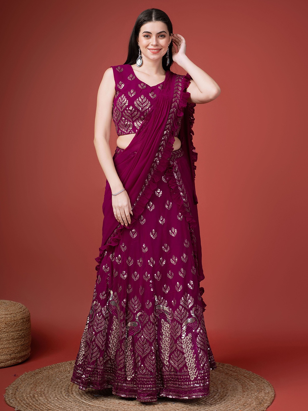 

AMOHA TRENDZ Embroidered Sequinned Ready to Wear Lehenga & Blouse With Dupatta, Maroon