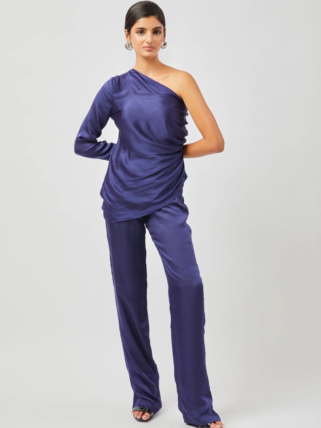 

Contemponari One Shoulder Pleated Satin Top, Blue