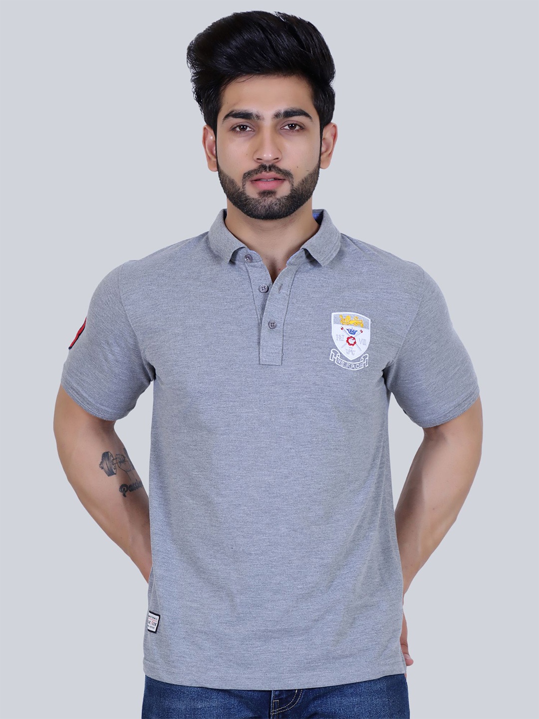

STARFOX Embroidered Polo Collar Casual T-shirt, Grey
