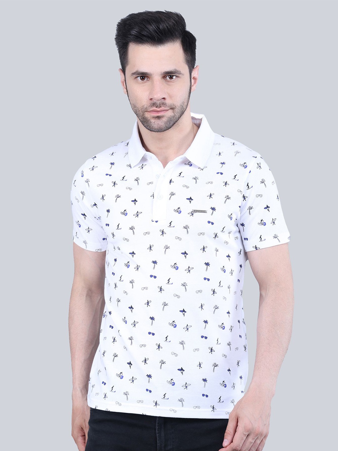 

STARFOX Conversational Printed Polo Collar Casual T-shirt, White