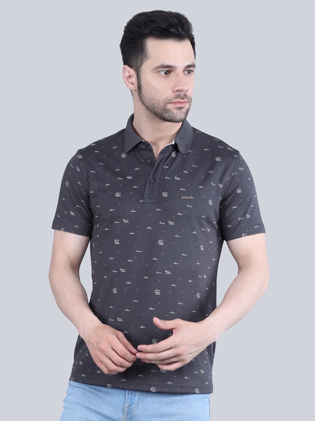 

STARFOX Typography Printed Polo Collar Casual T-shirt, Charcoal
