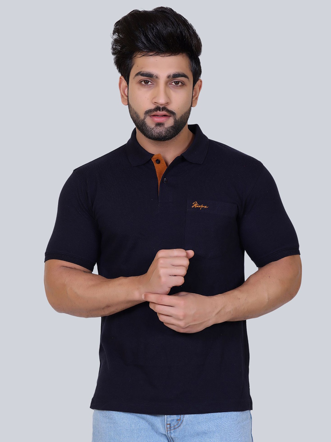 

STARFOX Polo Collar Cotton T-shirt, Navy blue