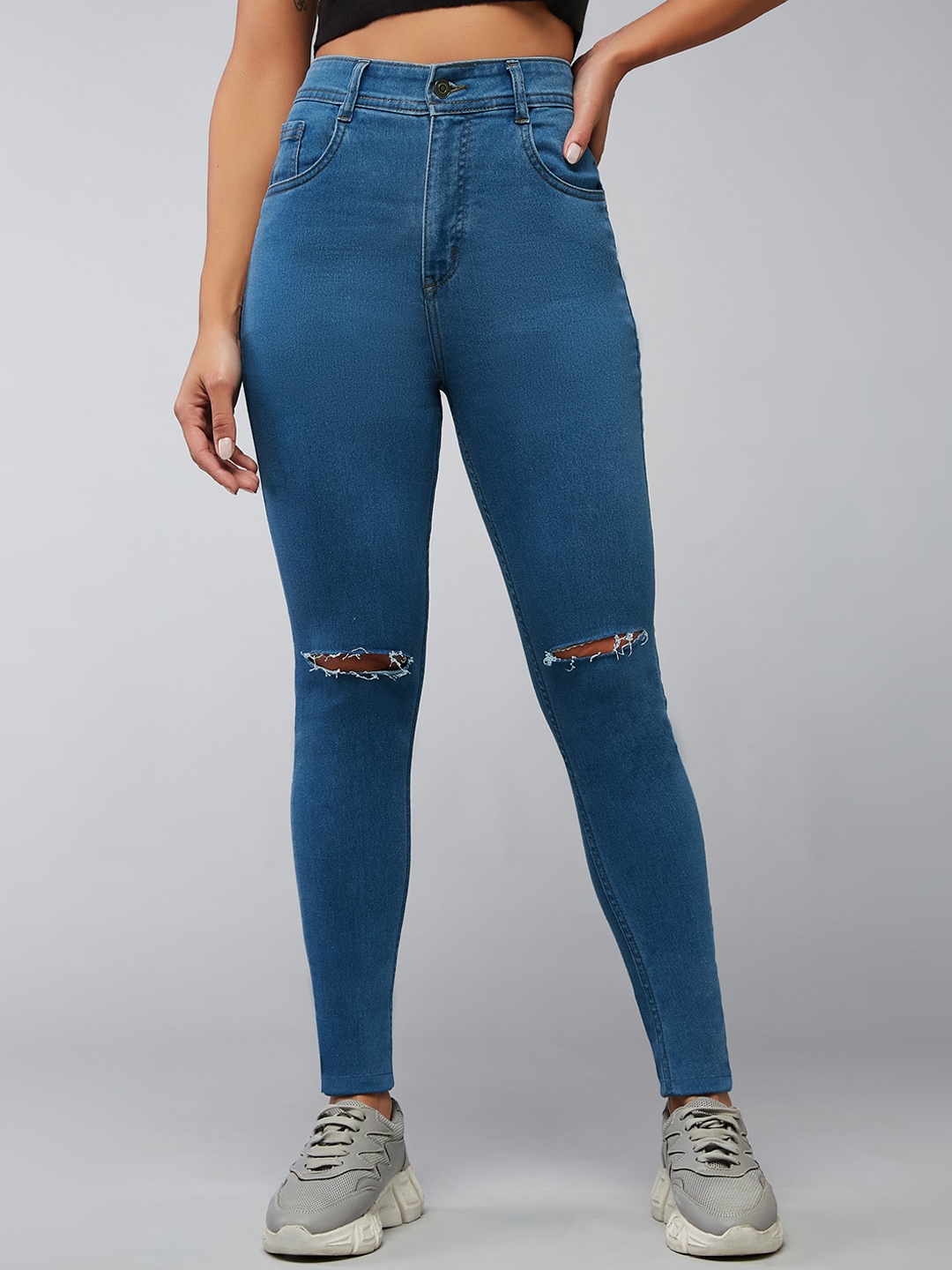 

DOLCE CRUDO Women Blaze Vibe Blue Skinny Fit High-Rise Slash Knee Stretchable Jeans