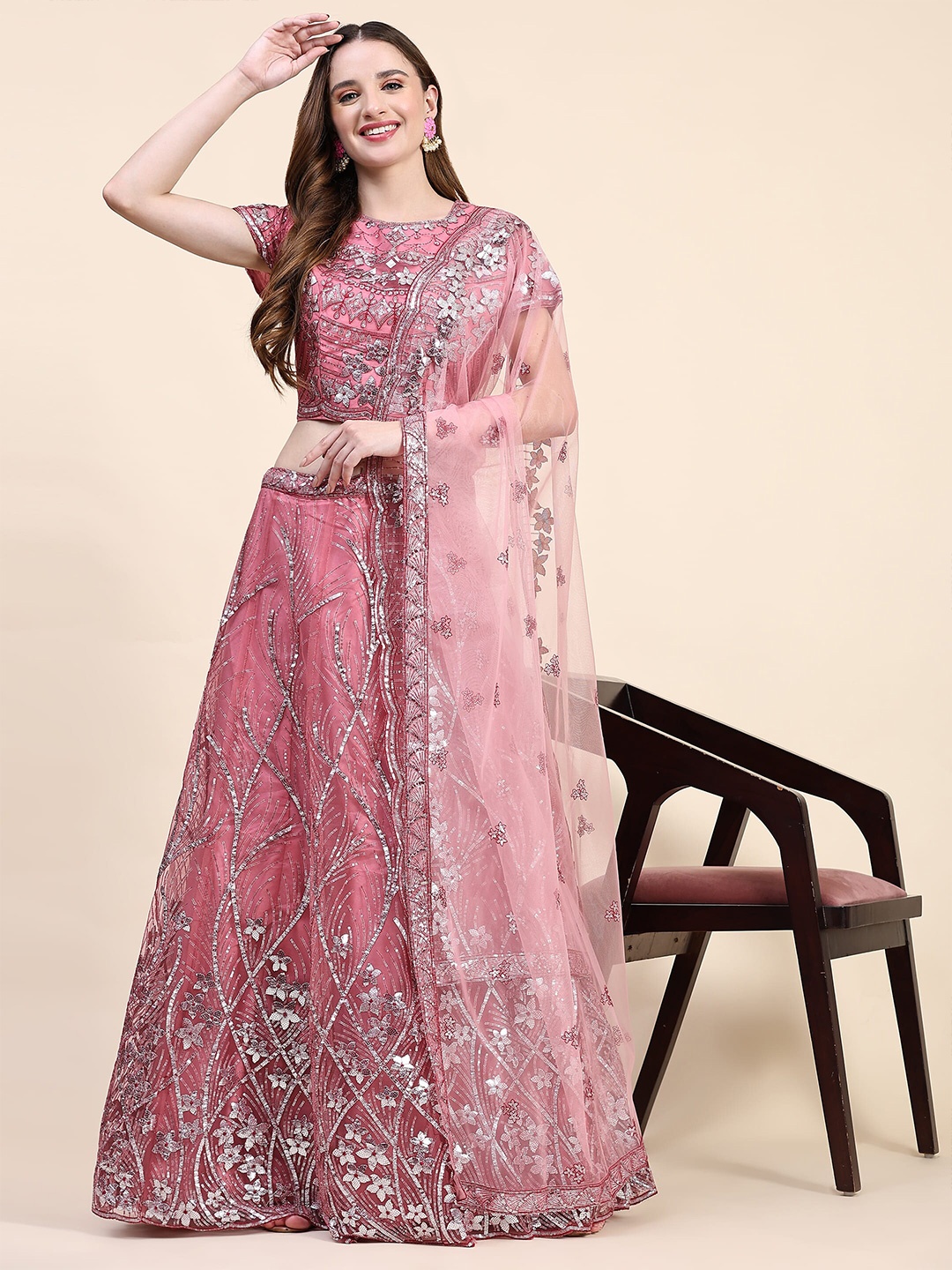 

AMOHA TRENDZ Embroidered Sequinned Ready to Wear Lehenga & Blouse With Dupatta, Pink