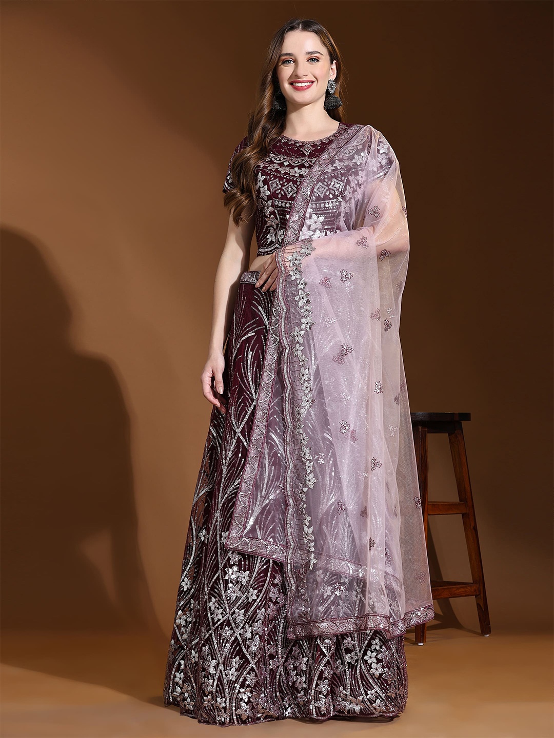 

AMOHA TRENDZ Embroidered Sequinned Satin Ready to Wear Lehenga & Blouse With Dupatta, Purple