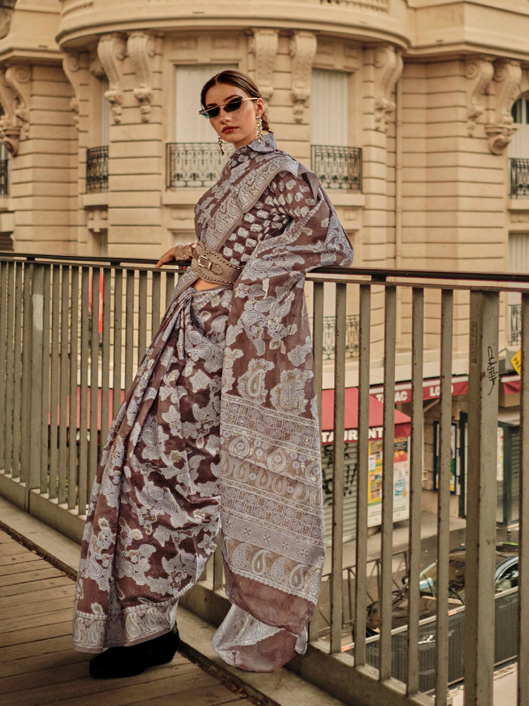 

Mitera Women Paisley Zari Organza Saree With Blouse Piece, Brown