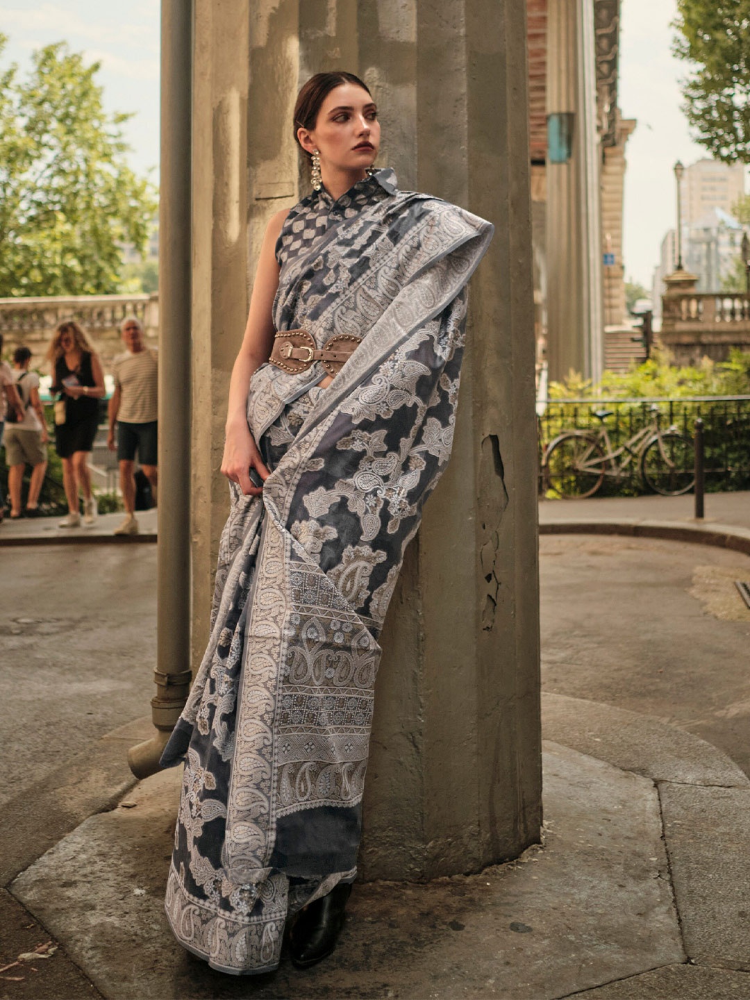 

Mitera Paisley Zari Organza Saree, Grey
