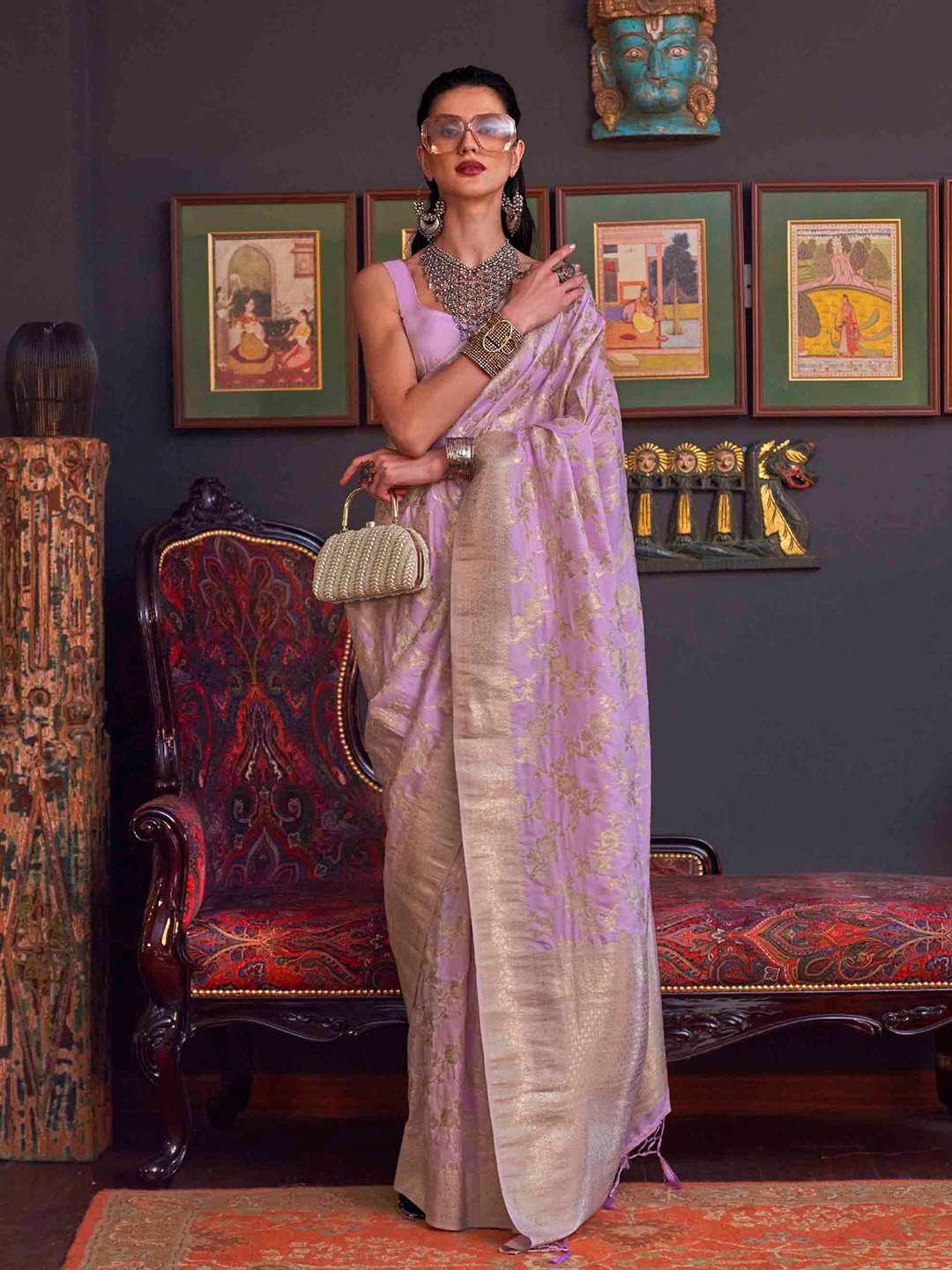 

Mitera Woven Design Zari Silk Blend Saree, Lavender