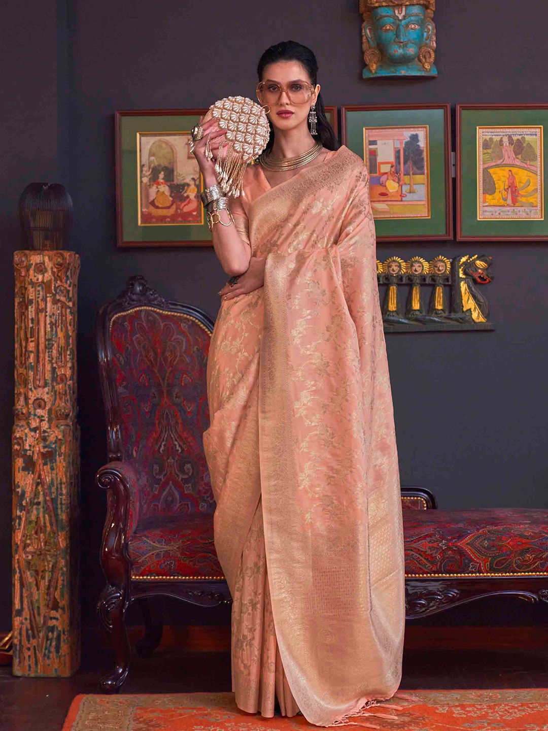 

Mitera Woven Design Zari Silk Blend Saree, Peach