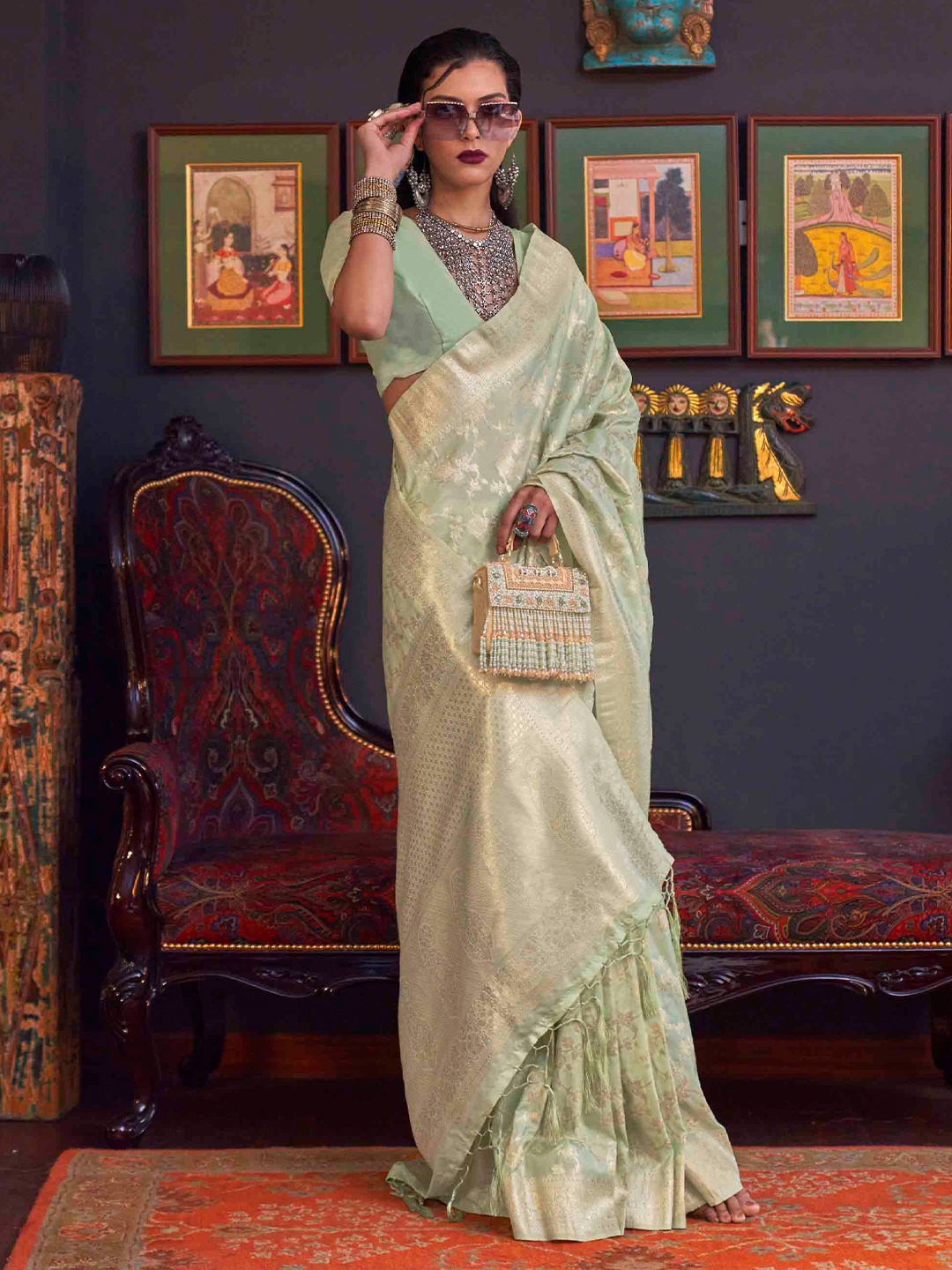 

Mitera Woven Design Zari Silk Blend Saree, Green