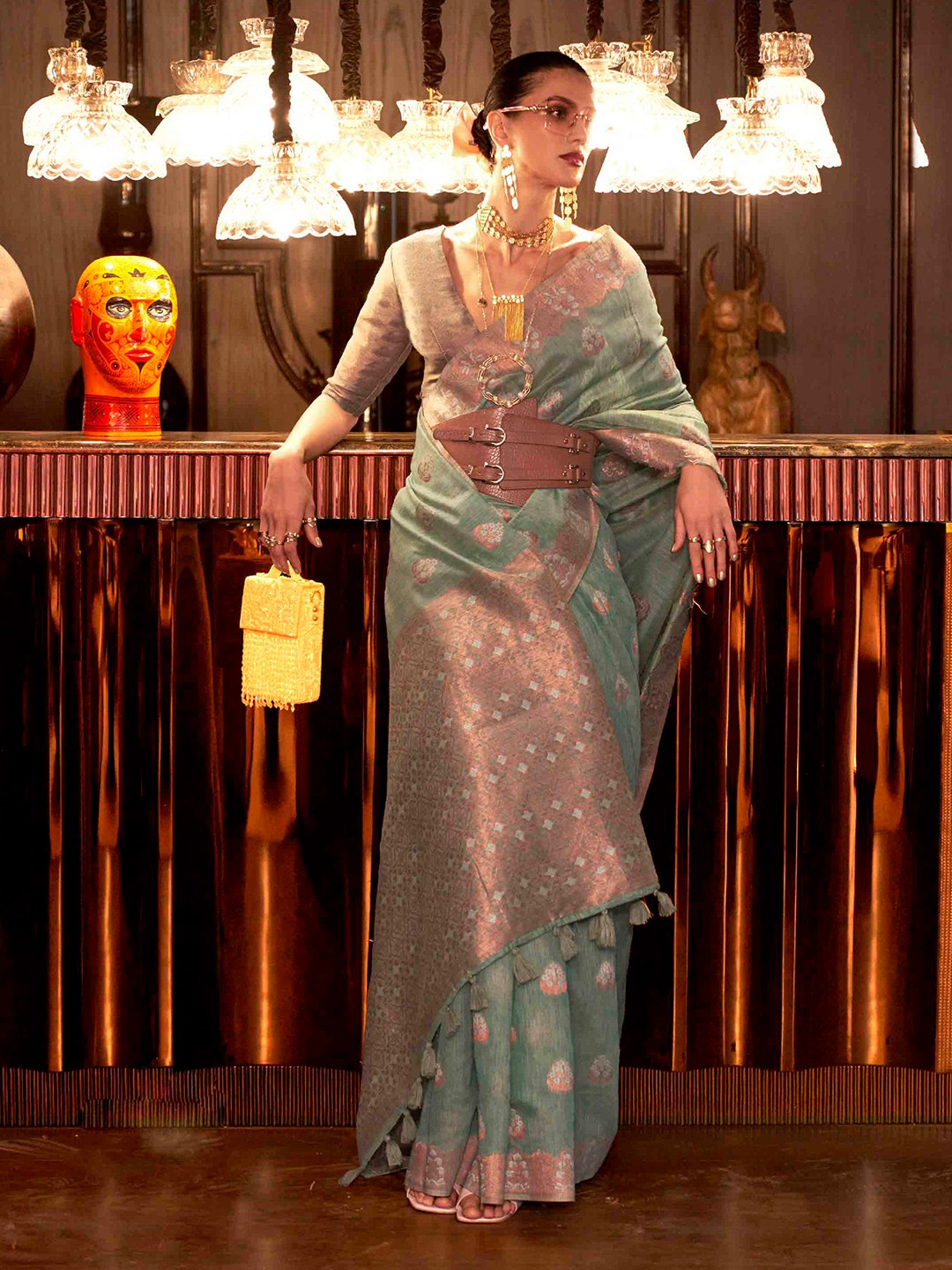 

Mitera Woven Design Zari Linen Blend Saree, Sea green