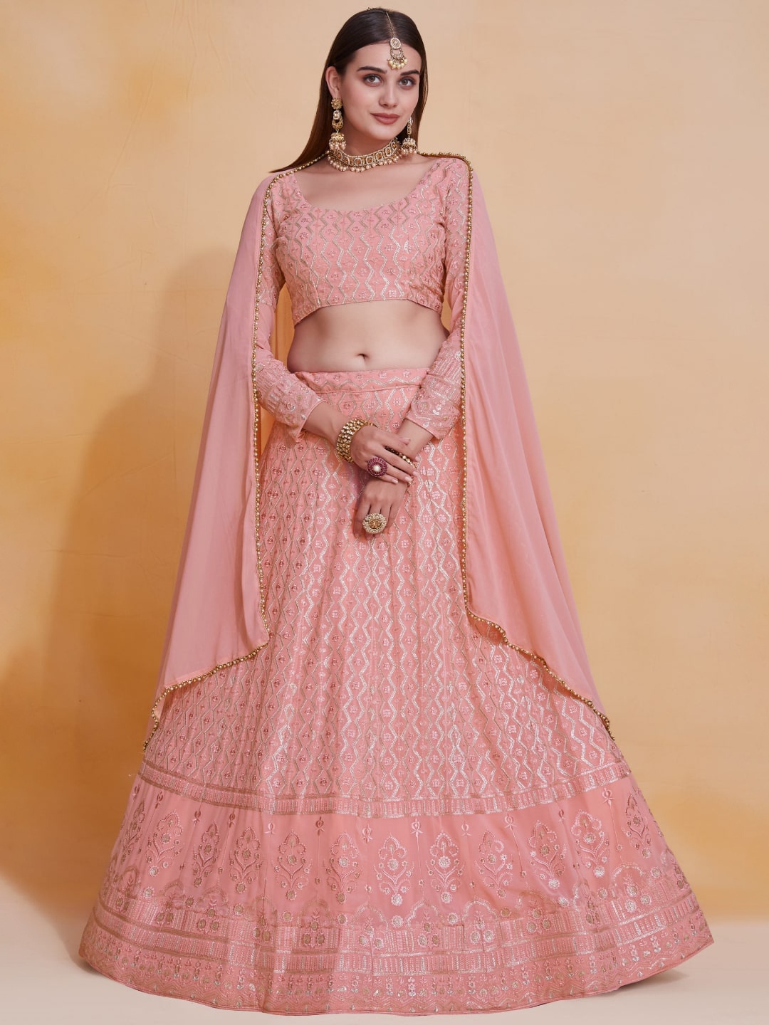 

JIHU CULTURE Embroidered Sequinned Semi-Stitched Lehenga & Blouse With Dupatta, Rose