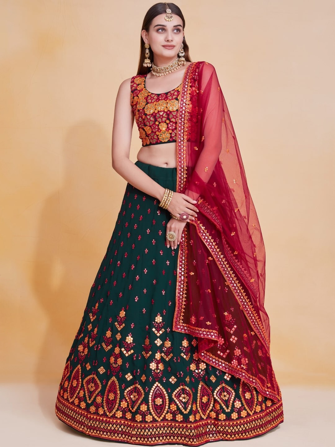 

JIHU CULTURE Embroidered Sequinned Semi-Stitched Lehenga & Blouse With Dupatta, Green