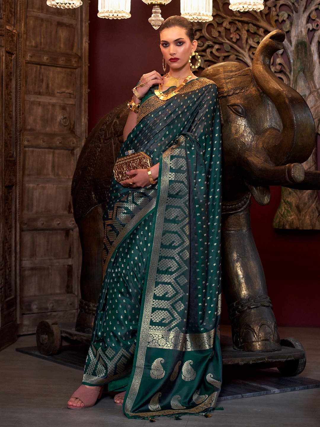 

Mitera Woven Design Zari Silk Blend Saree, Green