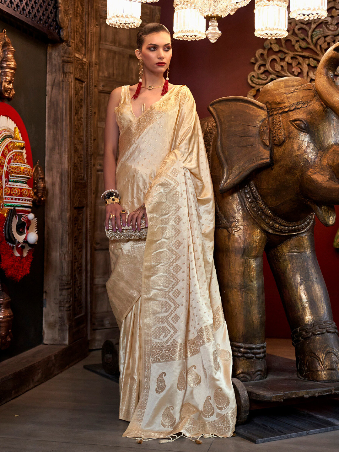

Mitera Woven Design Zari Silk Blend Saree, Off white