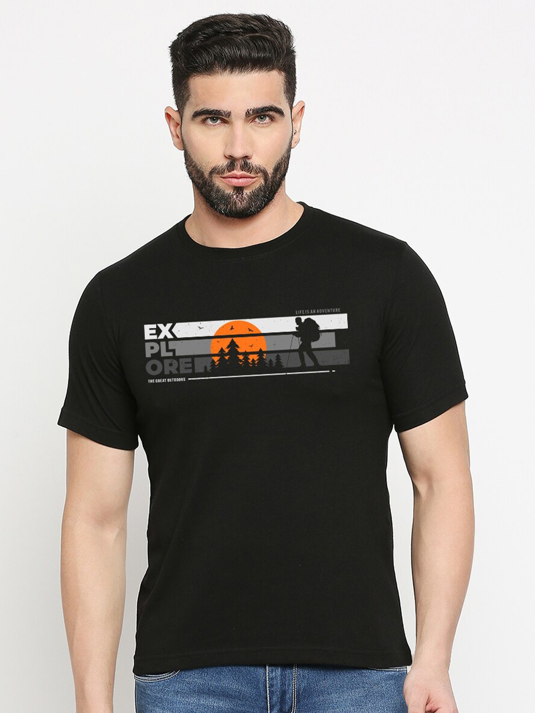 

MOD ECRU Printed Round Neck Short Sleeves Cotton T-shirt, Black