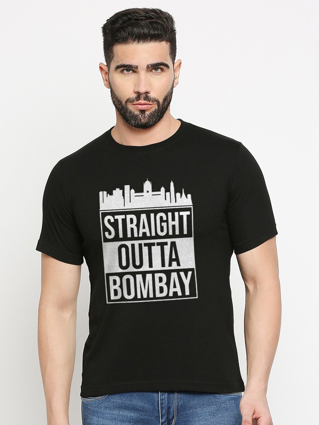 

MOD ECRU Typography Printed Round Neck Cotton T-shirt, Black
