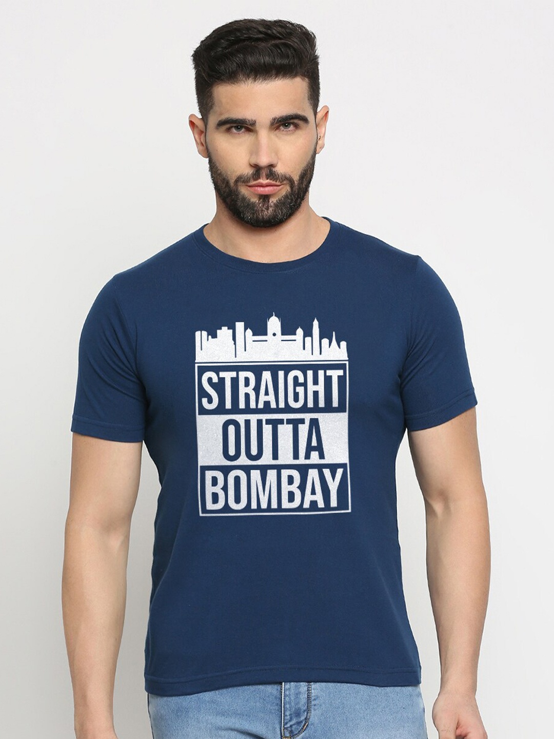

MOD ECRU Typography Printed Round Neck Short Sleeves Cotton T-shirt, Blue
