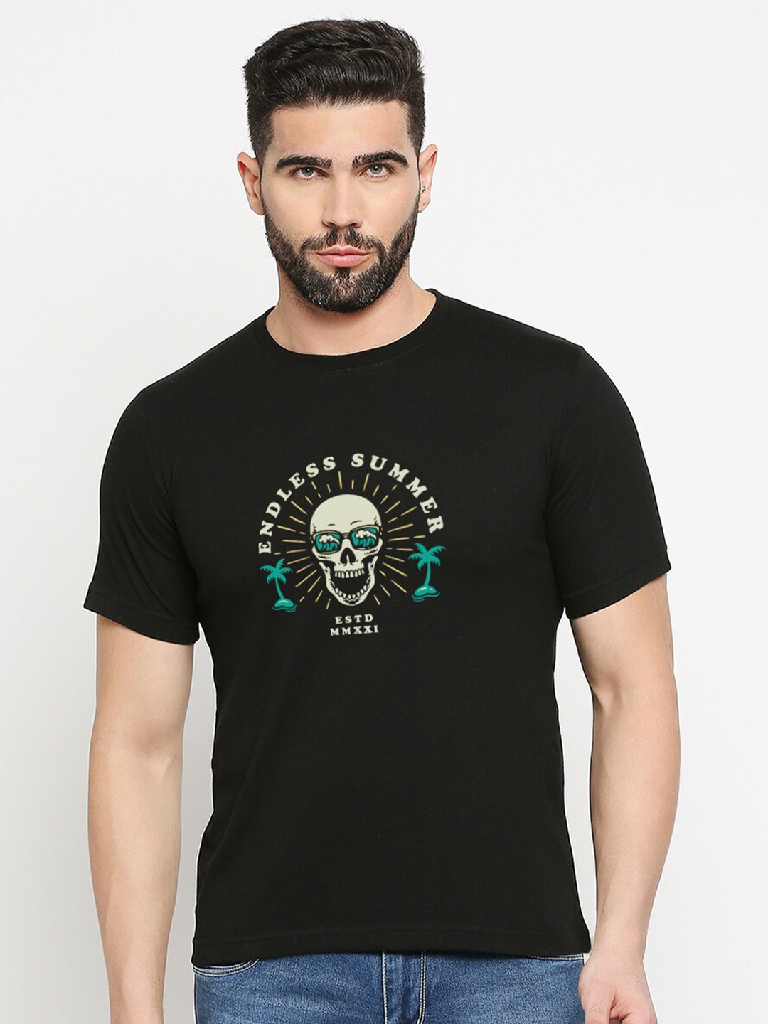 

MOD ECRU Typography Printed Round Neck Cotton T-shirt, Black
