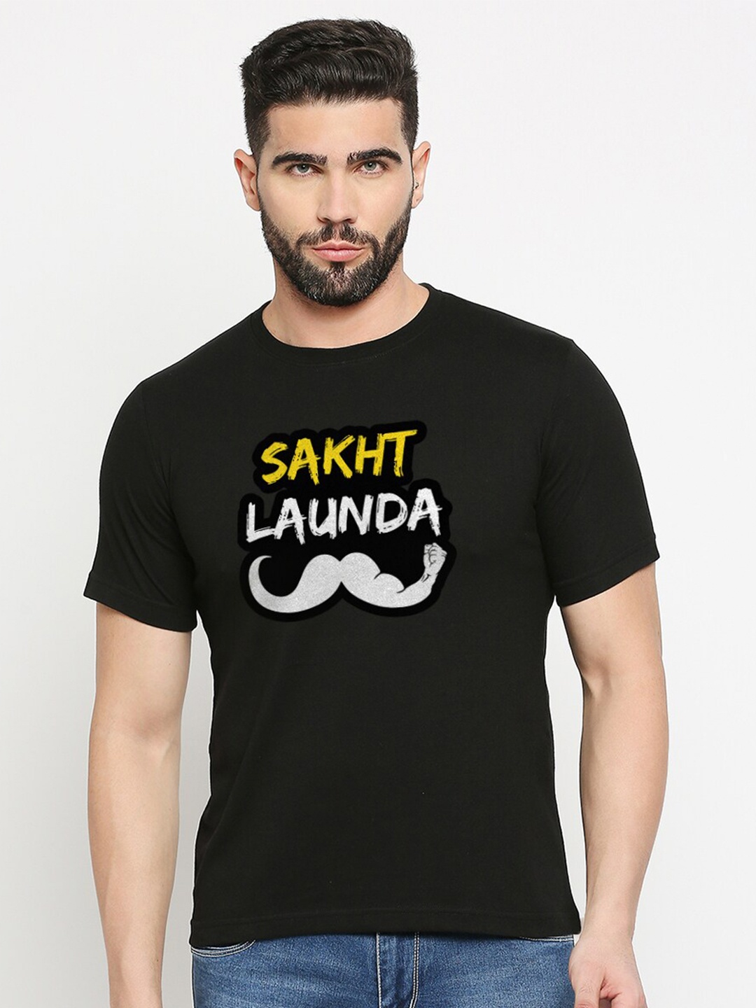 

MOD ECRU Typography Printed Round Neck Short Sleeves Cotton T-shirt, Black